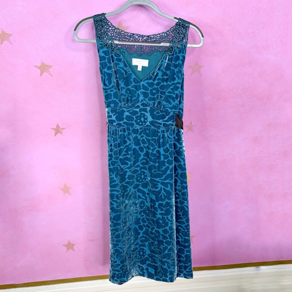 ANTHROPOLOGIE MOULINETTE SOEURS VELVET DRESS SIZE 4 TEAL BURNOUT FLORAL COQUETTE